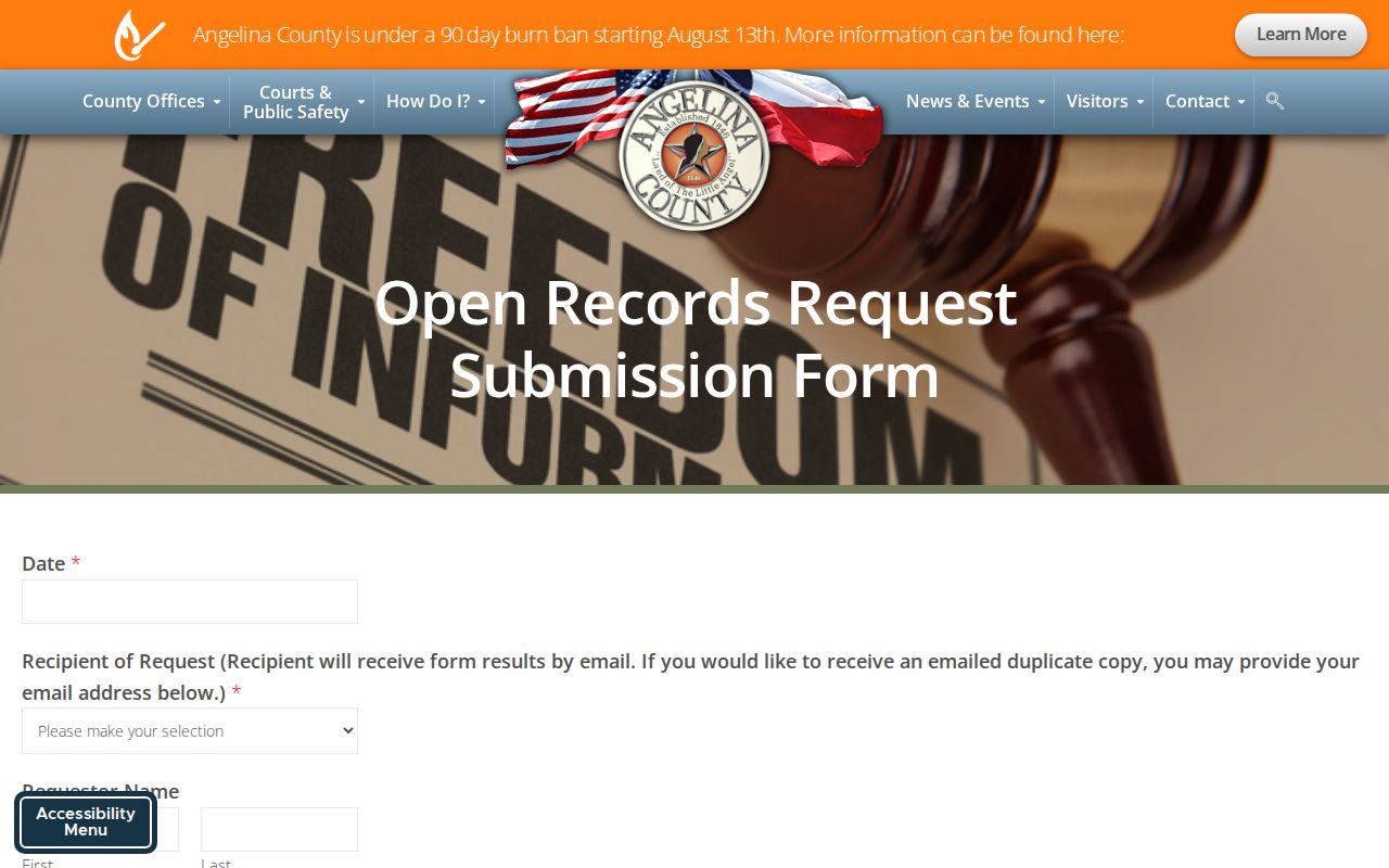 Angelina County booking-record request portal